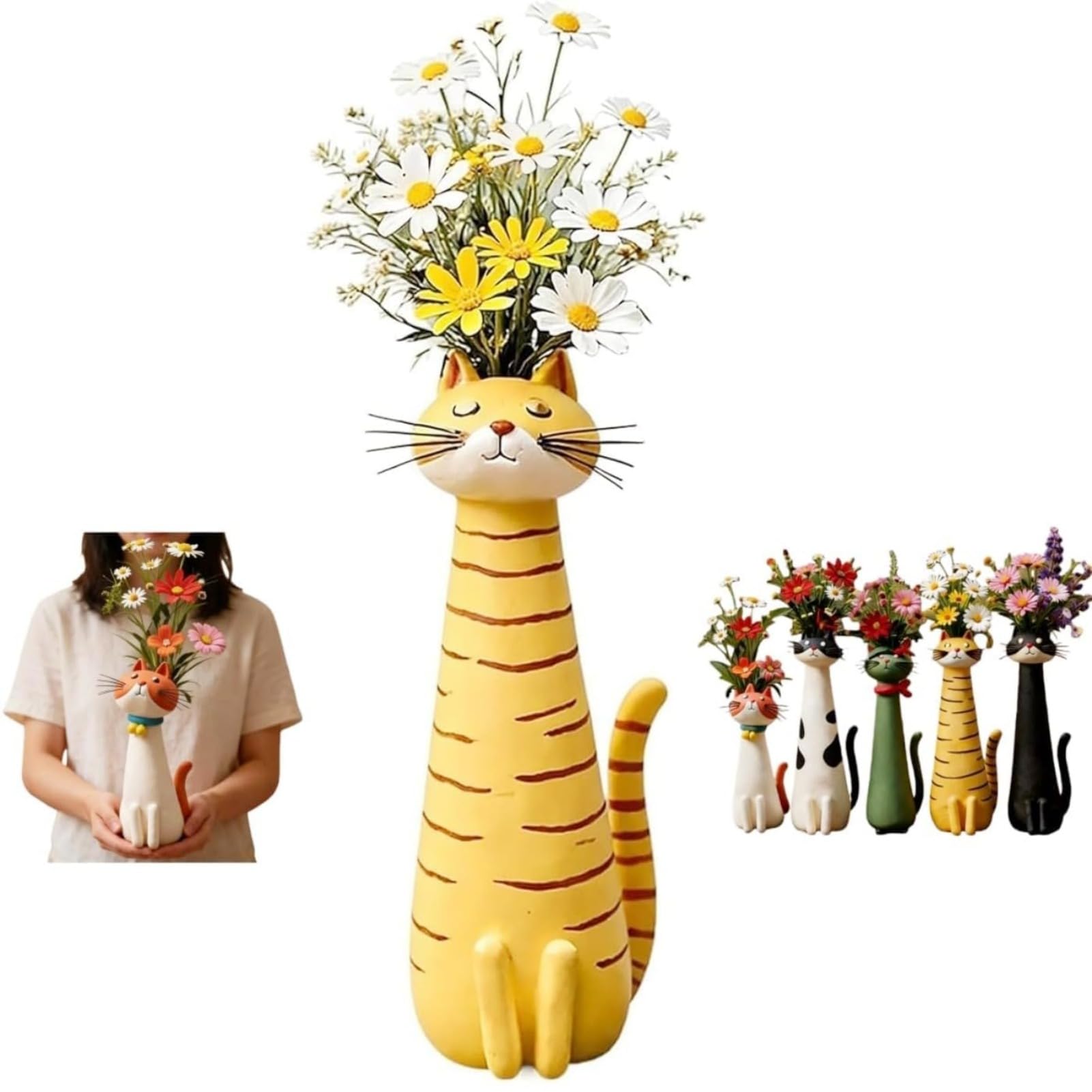 Cute Cat Shaped Resin Vase Handcrafted Animal Sculpture Flower Holder Decorative Ornament for Tabletop Indoor Floral Display (B)
