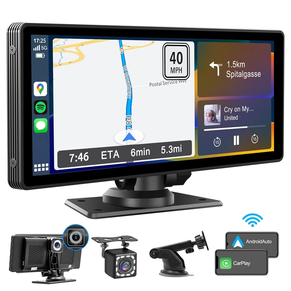 Autoradio Carplay portatile fili con dashcam, schermo IPS HD 10,26, Android Auto, Telecamera retromarcia 1080P, Ricambi Bluetooth