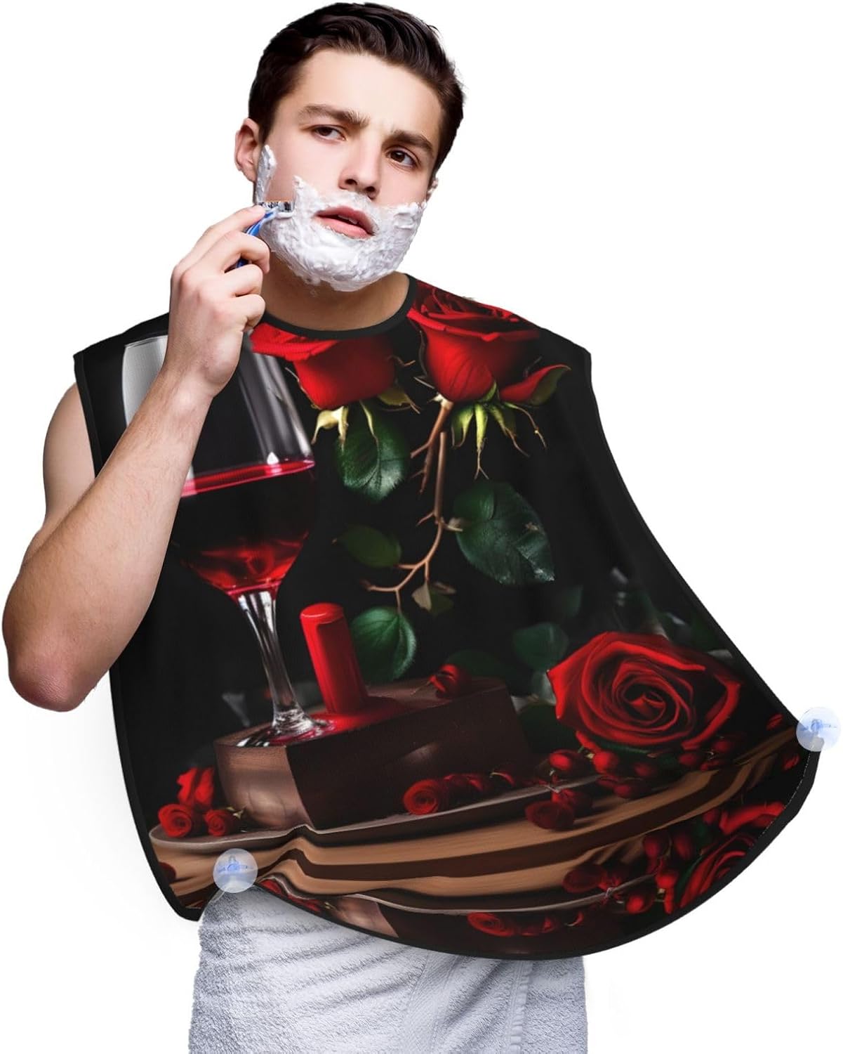 Red Rose And Wine Romantic Lovers Decor Print Beard Bib Apron For Men, Beard Hair Catcher For Men Shaving Trimming,Beard Cape Cloth