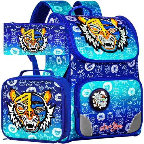 Image of HPJGD Boys Tiger Backpack, 15 inch Kids Bookabag with Lunch Box, 3PCS Shcool Bag Set for Elementary Preschool Toddler