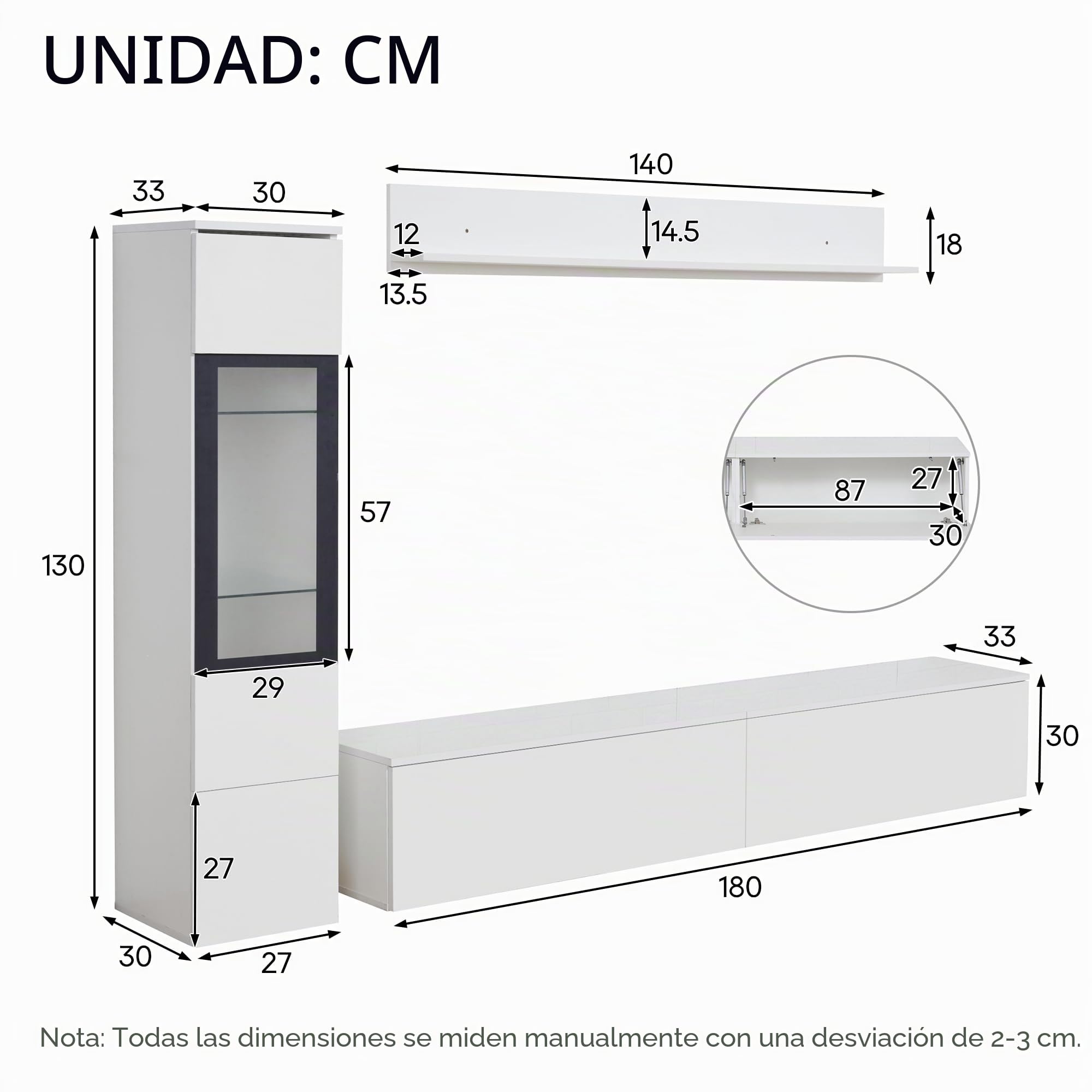 Juego de 3 muebles de salón para TV, iluminación LED, color blanco brillante, 1 mueble de salón, 1 armario para TV, 1 vitrina para salón, 1 estante colgante (blanco)