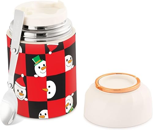 Tarro de comida cuadrado de muñeco de nieve de Navidad con cuchara de acero inoxidable aislado al vacío, contenedor de alimentos de 17 onzas para