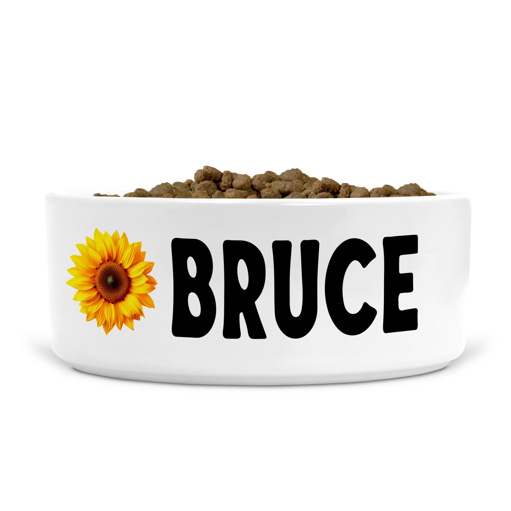 Personalised Ceramic Dog Bowl for Food/Water, Size Medium-Large Dogs (Sunflower (2), Text Style LV)