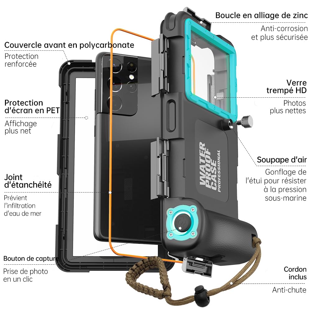 Pochette Étanche Universelle IPX8 - Coque Protection Plongée 15M - Compatible iPhone, Samsung, Huawei, Xiaomi, Oppo, Vivo, LG - Smartphones 4.7-6.8" - Housse sous-Marine (Noir/Bleu-Vert)