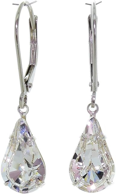 pewterhooter® Women's Classic Collection - Drop Earrings - 925 Sterling silver with sparkling Diamond White teardrop crystal - Gift box