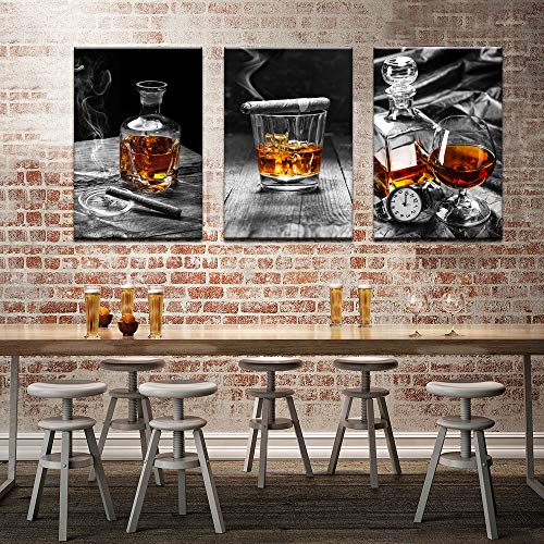 Sechars - Large 3 Piece Canvas Prints Wall Art Cigar Whisky Pictures Canvas Art Liquor Still Life Painting Giclee Print On Canvas Framed Modern Kitchen Pub Western Wall Decor - 72"X36"Overal #TOP1