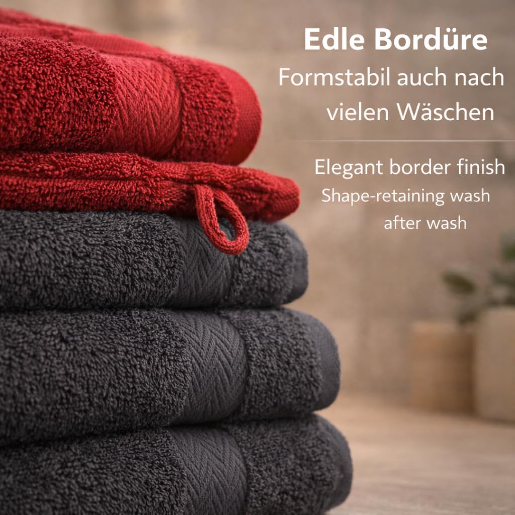 Betz Premium Handtuch-Set 12-teilig, Oeko-TEX Standard 100, 100 % Baumwolle, 470 g/m², 2 Duschtücher, 4 Handtücher, 2 Gästetücher, 2 Seiftücher, 2 Waschhandschuhe - Farbe rubinrot/Graphit