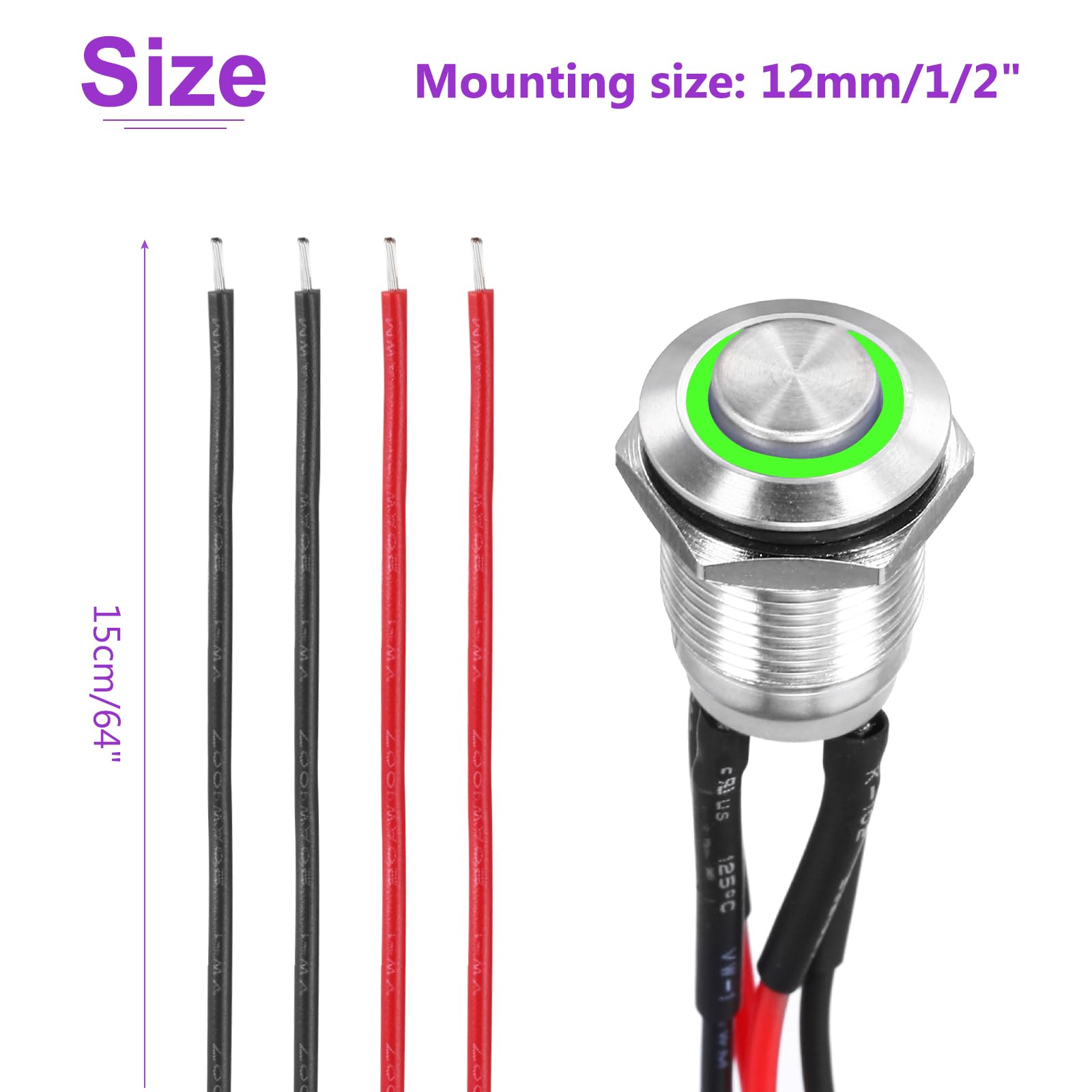 DMiotech 1/2 Inch Stainless Steel Momentary Push Button Switch Domed Head 3A 12-24V Silver Shell with Pre-soldered Green LED Ring Light 1NO - Image 4