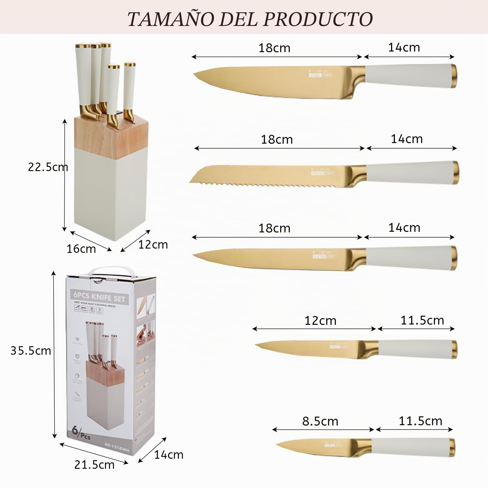 Juego de cuchillos de cocina, 6 cuchillos de acero inoxidable rosa con bloque, bloque de cuchillos ultra afilado con mango cómodo, cuchillo de chef para la cocina casera (blanco)