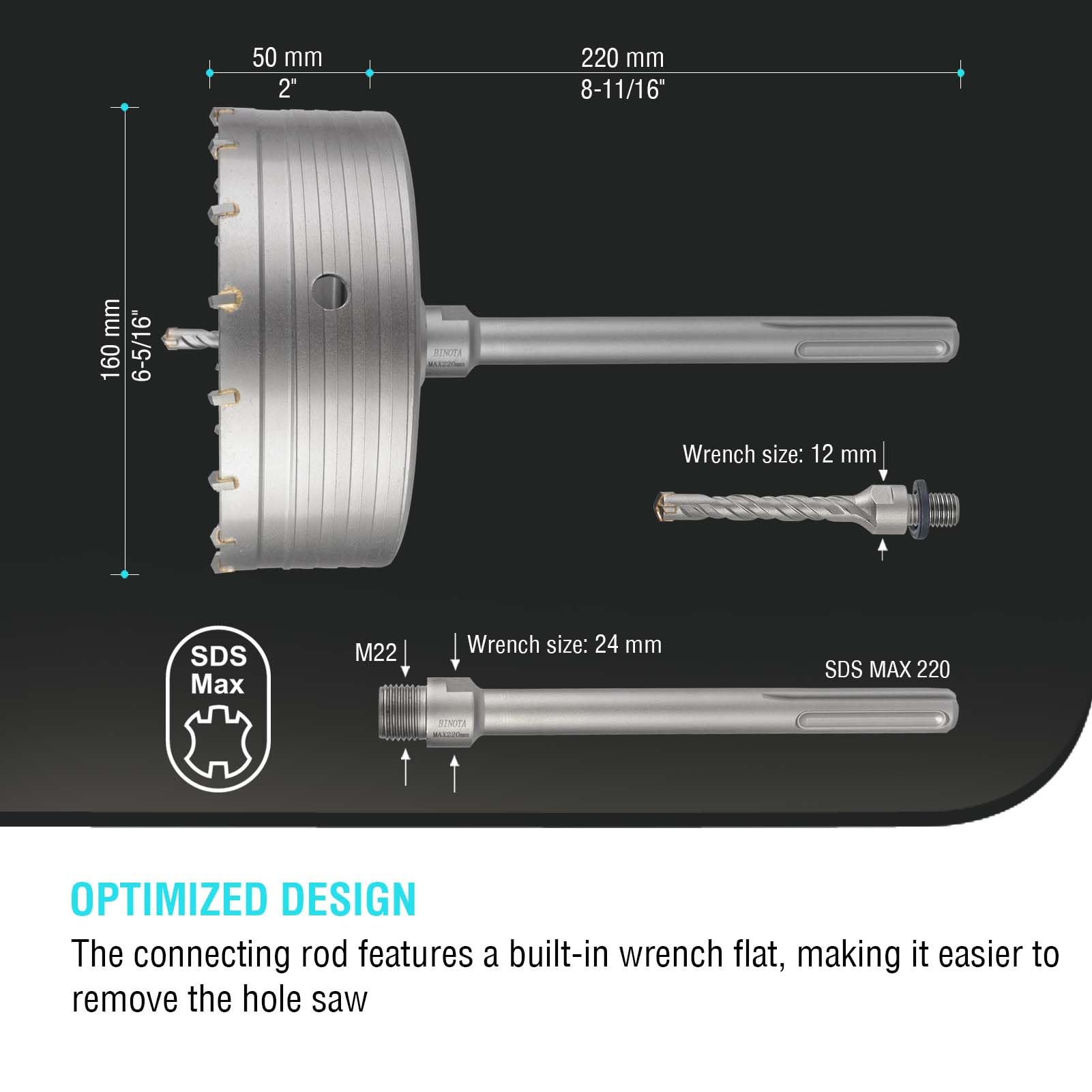 BINOTA Sega a Tazza per Calcestruzzoda 160 mm, con Punte da Carotaggio Circolare, Sega a Tazza, con Codolo SDS Max 220 mm, per Calcestruzzo, Cemento, Muri in Mattoni, Muratura