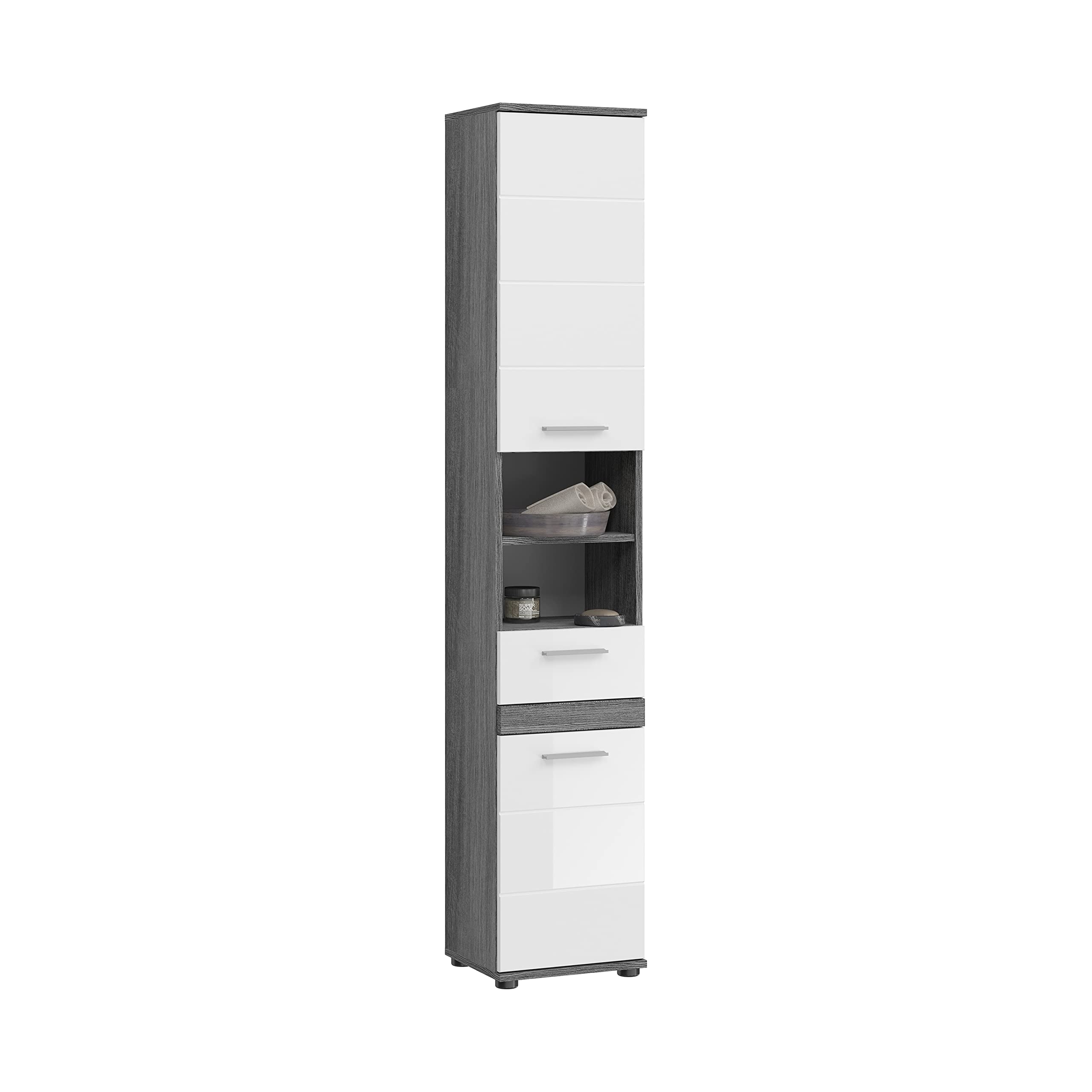 xonox.home - Hochschrank Blake 35x191x31 cm in rauchsilber und weiß Hochglanz - Badschrank Badmöbel Midischrank Badezimmerschrank - stilvolles Design mit vielen Stauraummöglichkeiten