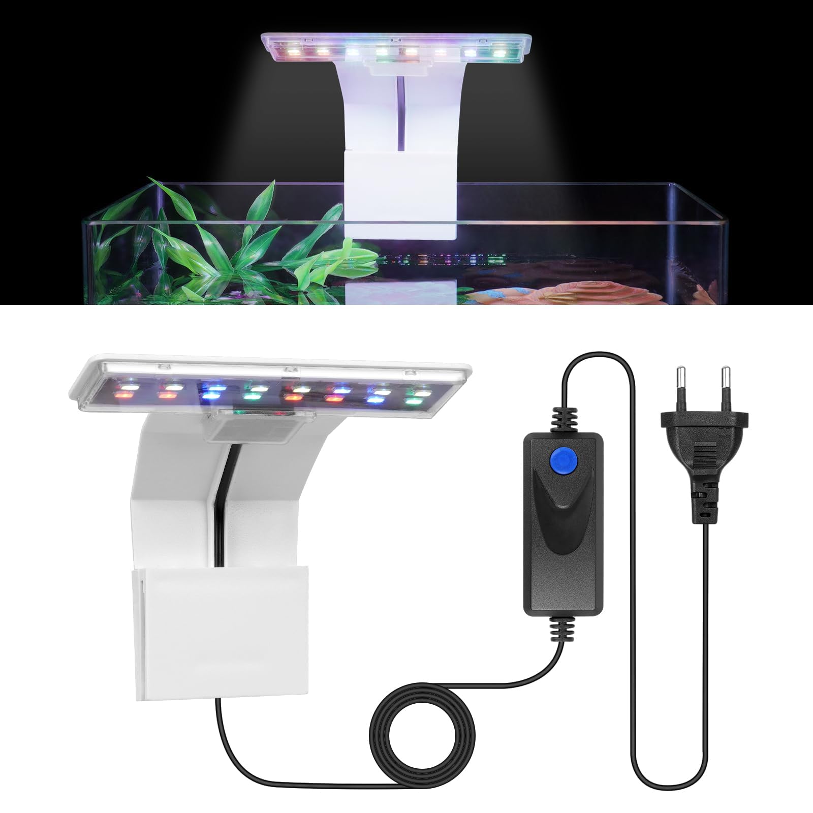 Luce per Acquario LED, 9W Mini Lampada Clip, 16 LED, 3 Colori, Bianco