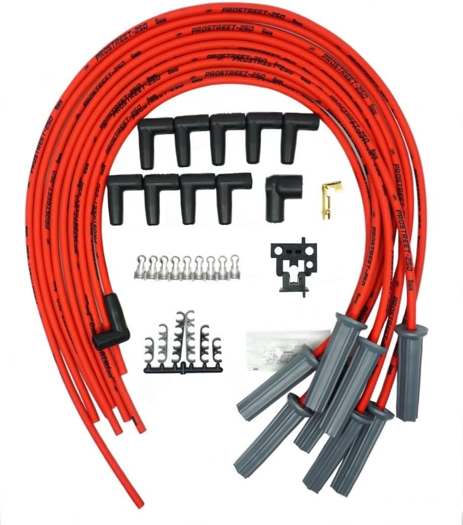 UPP - PROSTREET-Red 8mm Silicone High Performance Racing Universal V8 Spark Plug Wire Set-250 ohm Core-180 Degree Boots-Wire Stripper/Crimper Included Fits Chevy and Ford V8 Engines