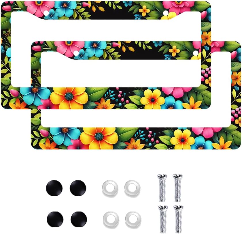 Vibrant Tropical Floral Aluminum License Plate Frame 2 Pack - 6x12 Inch Colorful Flower Auto Tag Holder, Includes Mounting Screws, Bold Garden Theme Car Accessory for Nature & Floral Decor Lovers