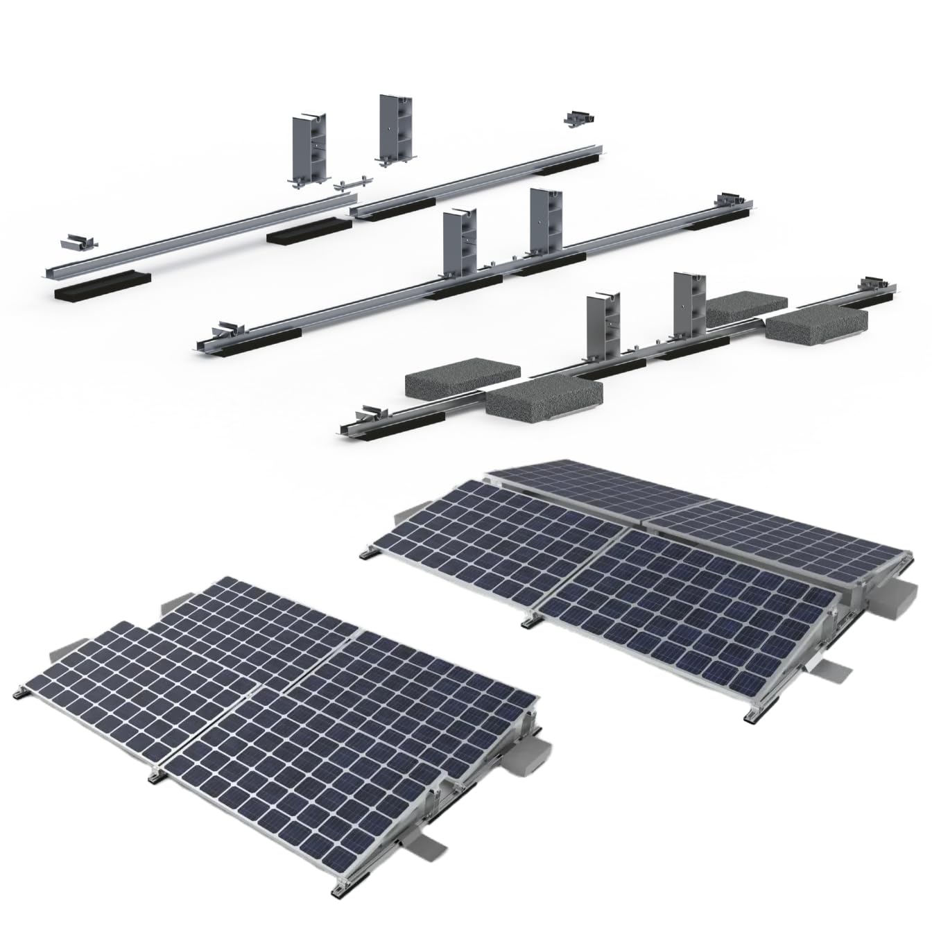 Montage-Set Flachdach 4 PV-Module Ost-West/Süd | Alu Befestigungssystem mit Schienen und Klemmen | 0% MwSt gemäß §12 Abs.3 UStG