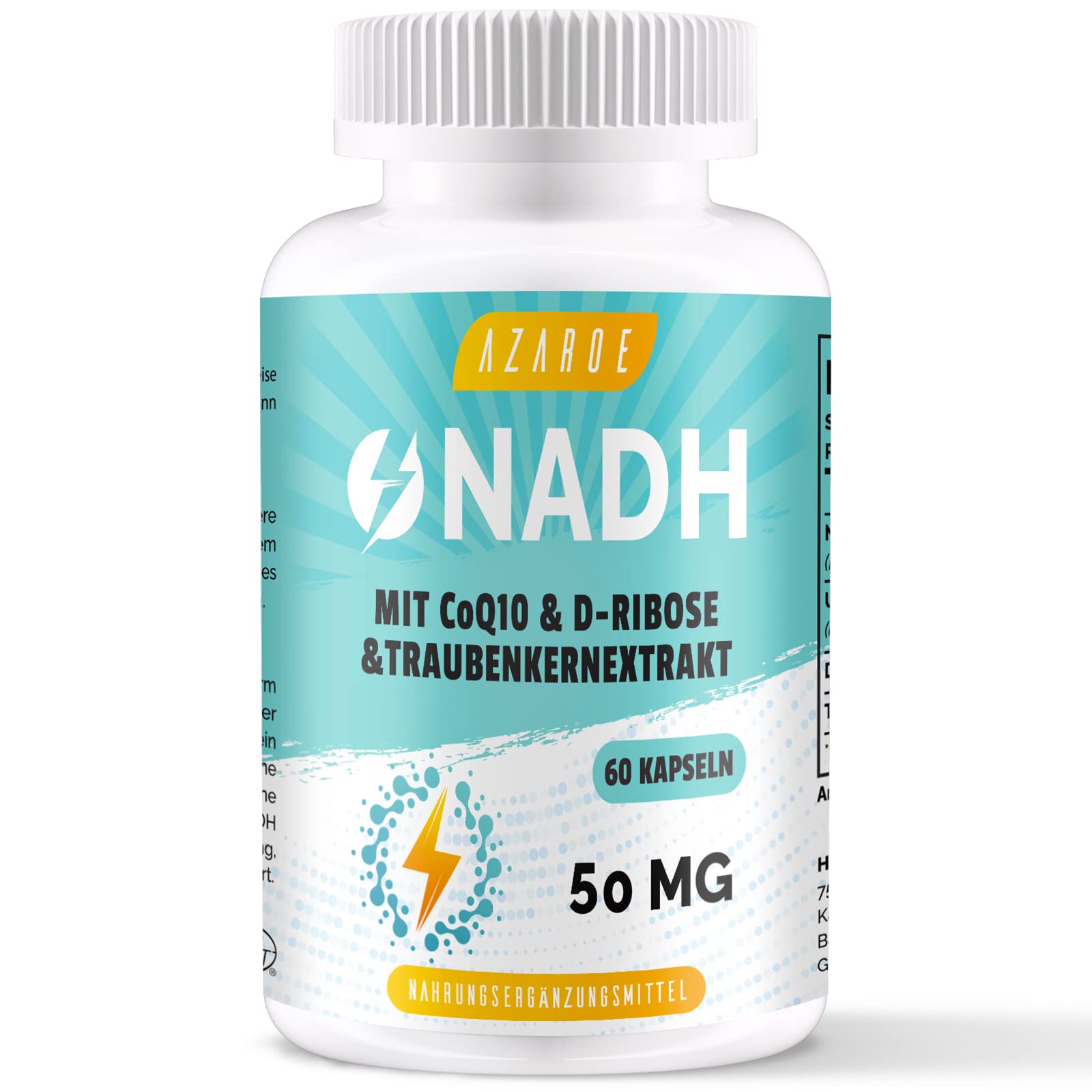 NADH 50 mg, Formule Avancée avec CoQ10, Végétalien, Haute Résistance, Améliore l'énergie Cellulaire, Production d'ATP, 60 Capsules (1 unité)