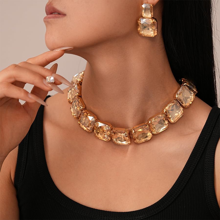 Chunky Rhinestone Neckacle Earrings for Women Chunky Square Crysatl Necklace Rhinestone Earrings Set Wedding Prom Bridal Jewelry Set - Image 3