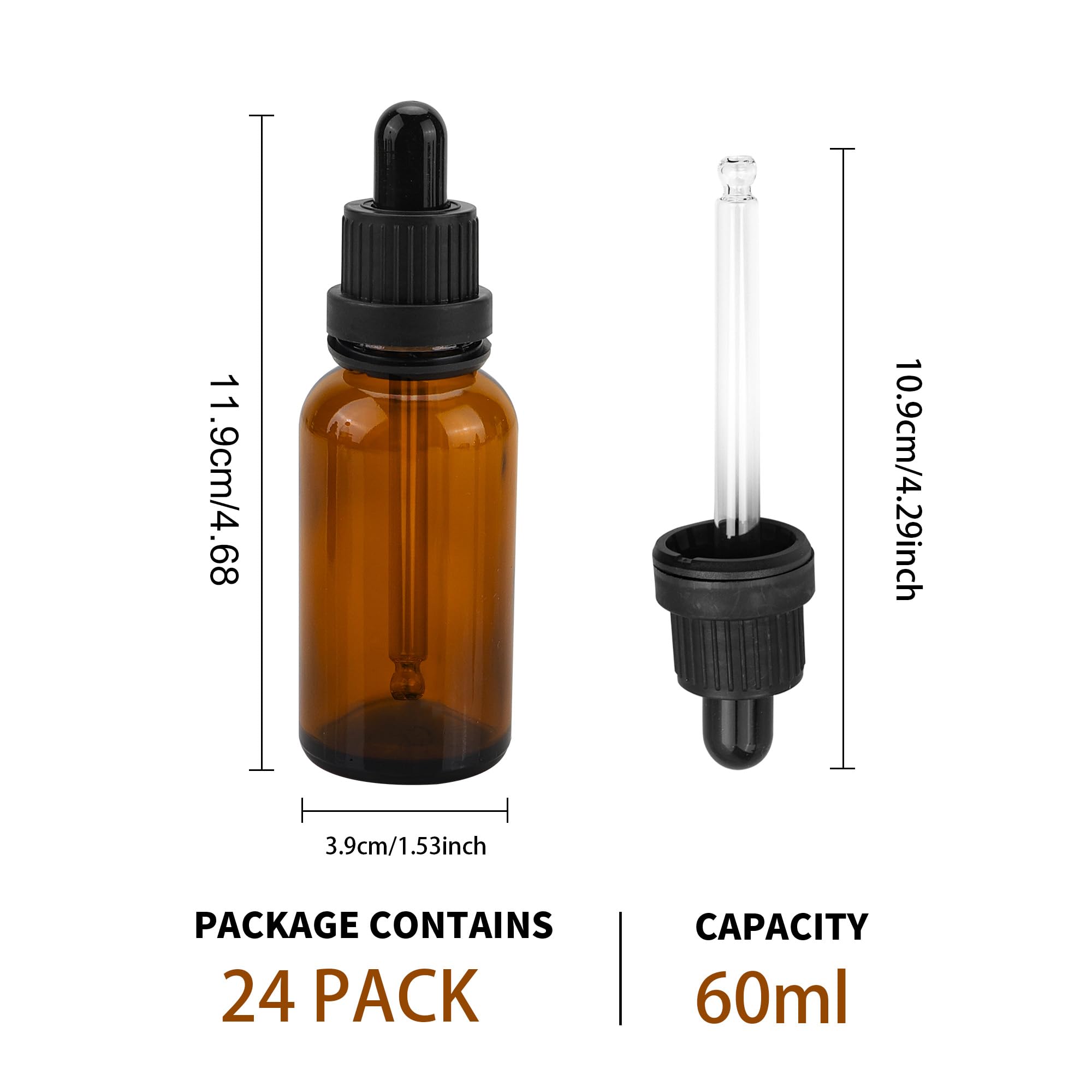 24 botellas cuentagotas de vidrio ámbar de 60 ml con pipeta, botella cuentagotas de pipeta de 2 onzas, botella cuentagotas de vidrio recargable para aceites esenciales, perfumes, líquidos