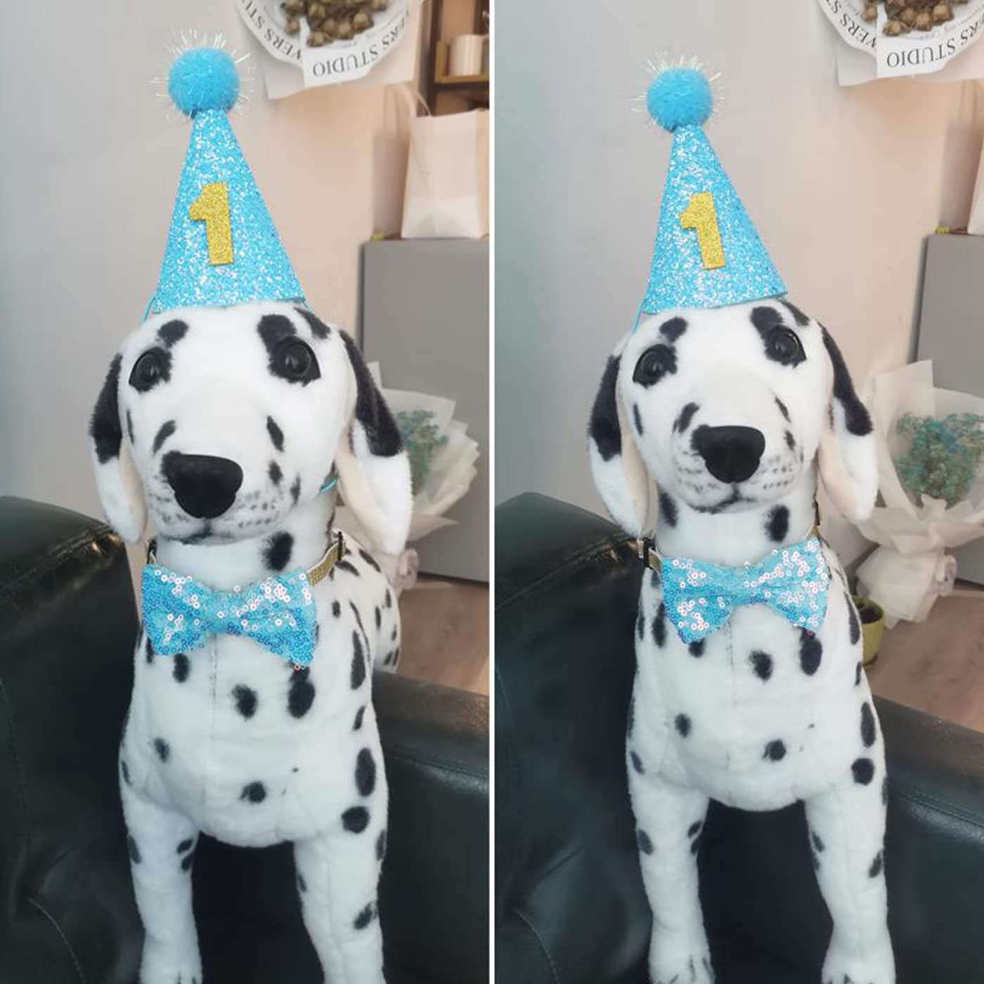 Dog Cat Birthday Hat & Bow Tie Set - Purple, Glitter, Adjustable Elastic, Includes Number Candles For Pet Parties