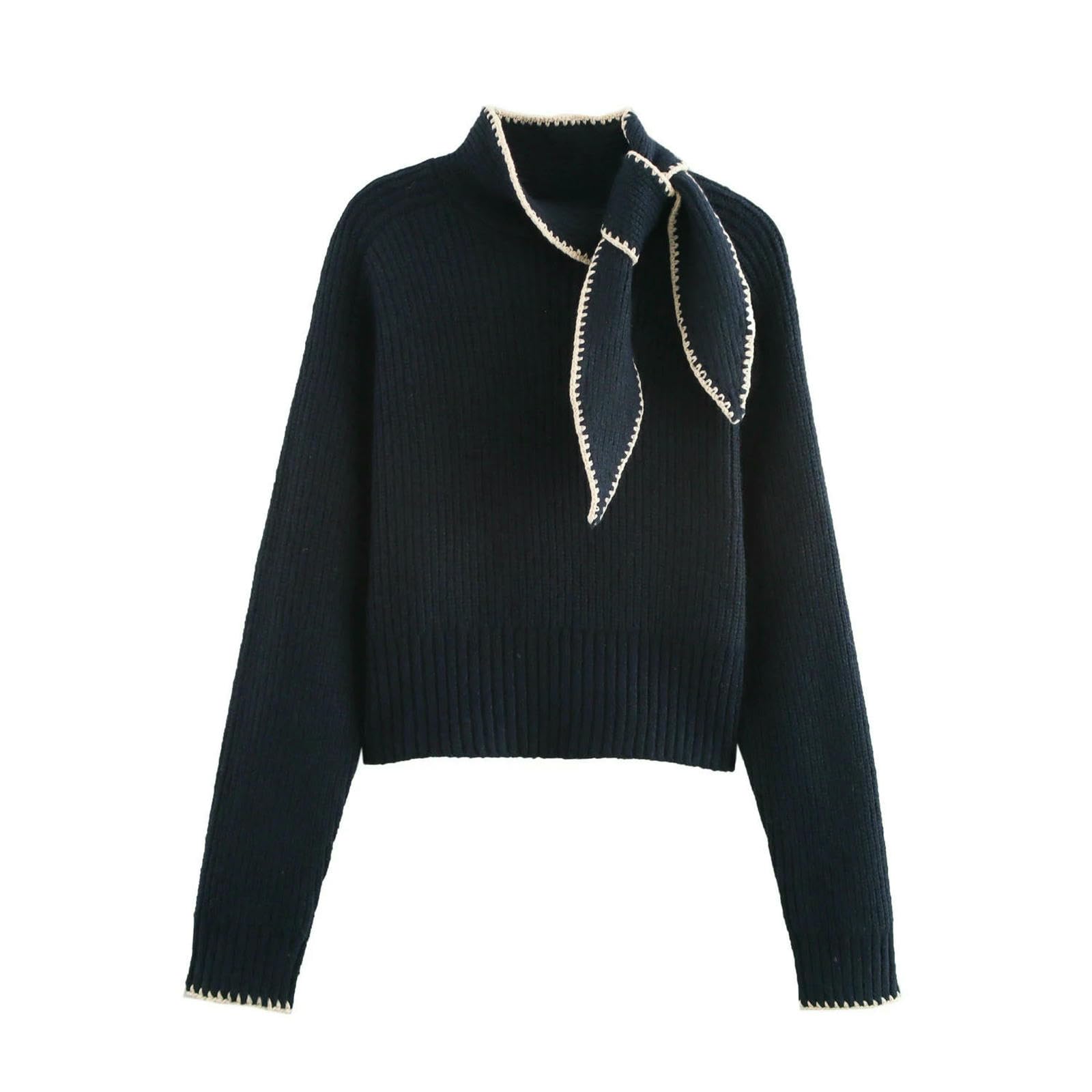 CHENSHI Maglione Donna Lavorato A Maglia da con Decorazione Fiocco Maniche Lunghe Colletto Rialzato Invernale Dolce E alla Moda-Blu Marino-m