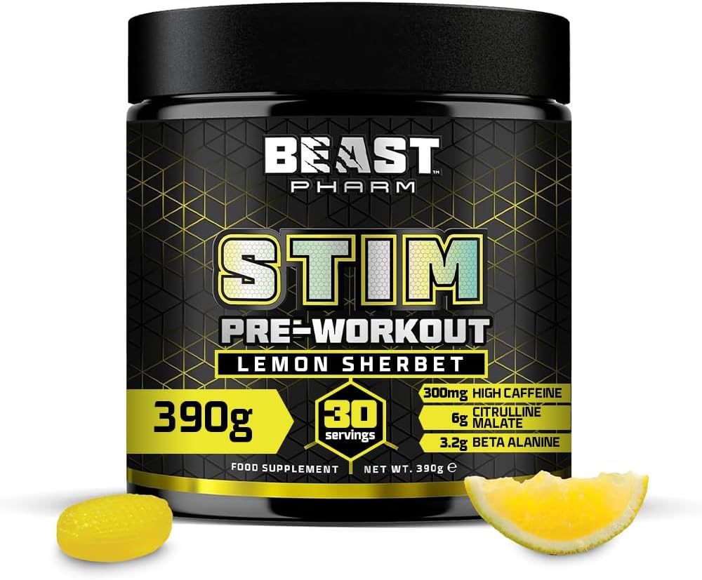 Beast Stim Pre Workout Powder 300mg Caffeine, Beta Alanine - Lemon Sherbet