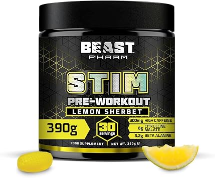 Beast Stim Pre Workout Powder 300mg Caffeine, Beta Alanine - Lemon Sherbet | High Strength Preworkout Powder with Citrulline Malate, 30 Servings, Gym Supplements for Men and Women, Workout Focus, 390g