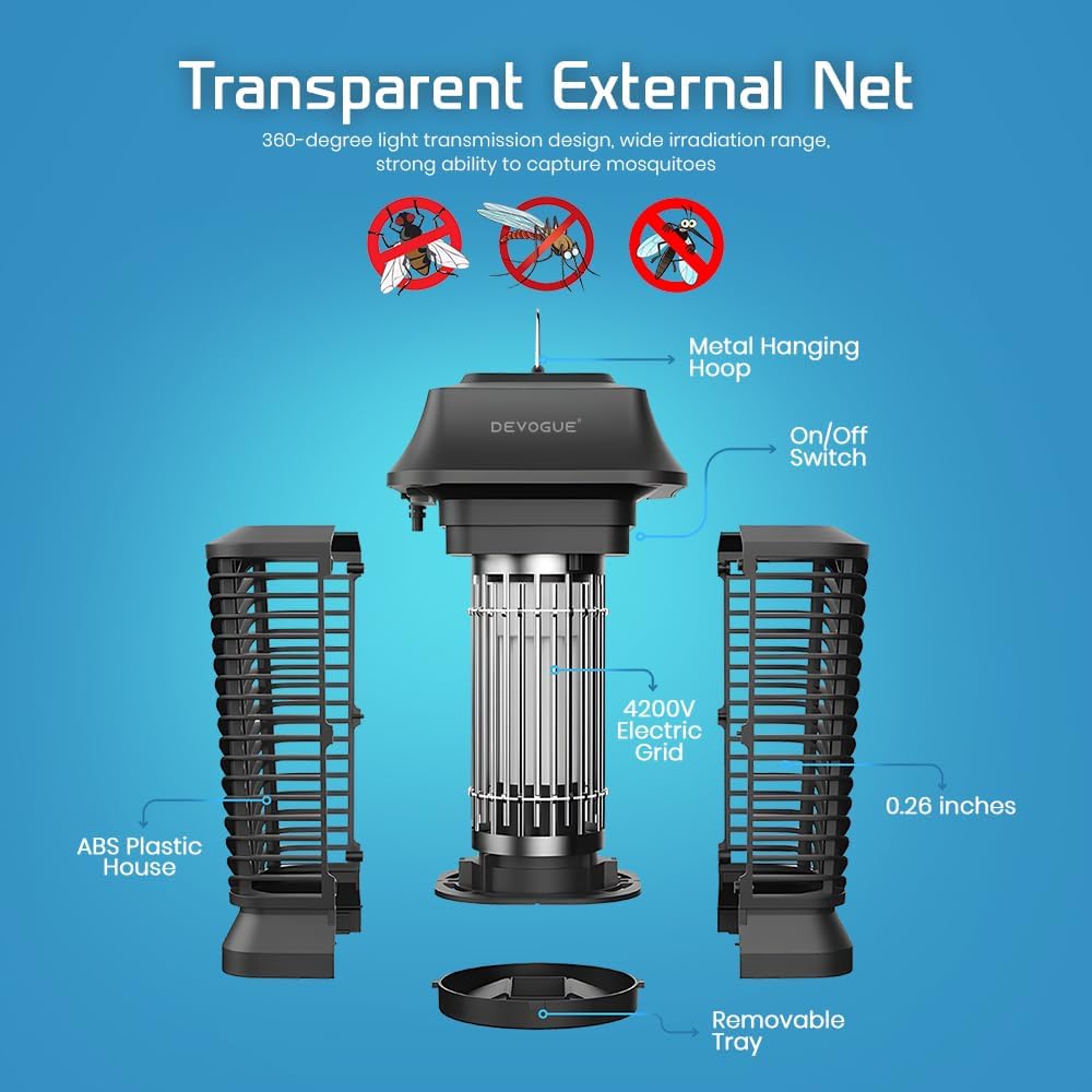 DEVOGUE® Electric Bug Zapper - Electric Blue Violet Attract Insect Light - Modern Stylish Mosquito Fly Killer - Fly Mosquito Control Bug Zapper Outdoor & Home and Kitchen (Black)