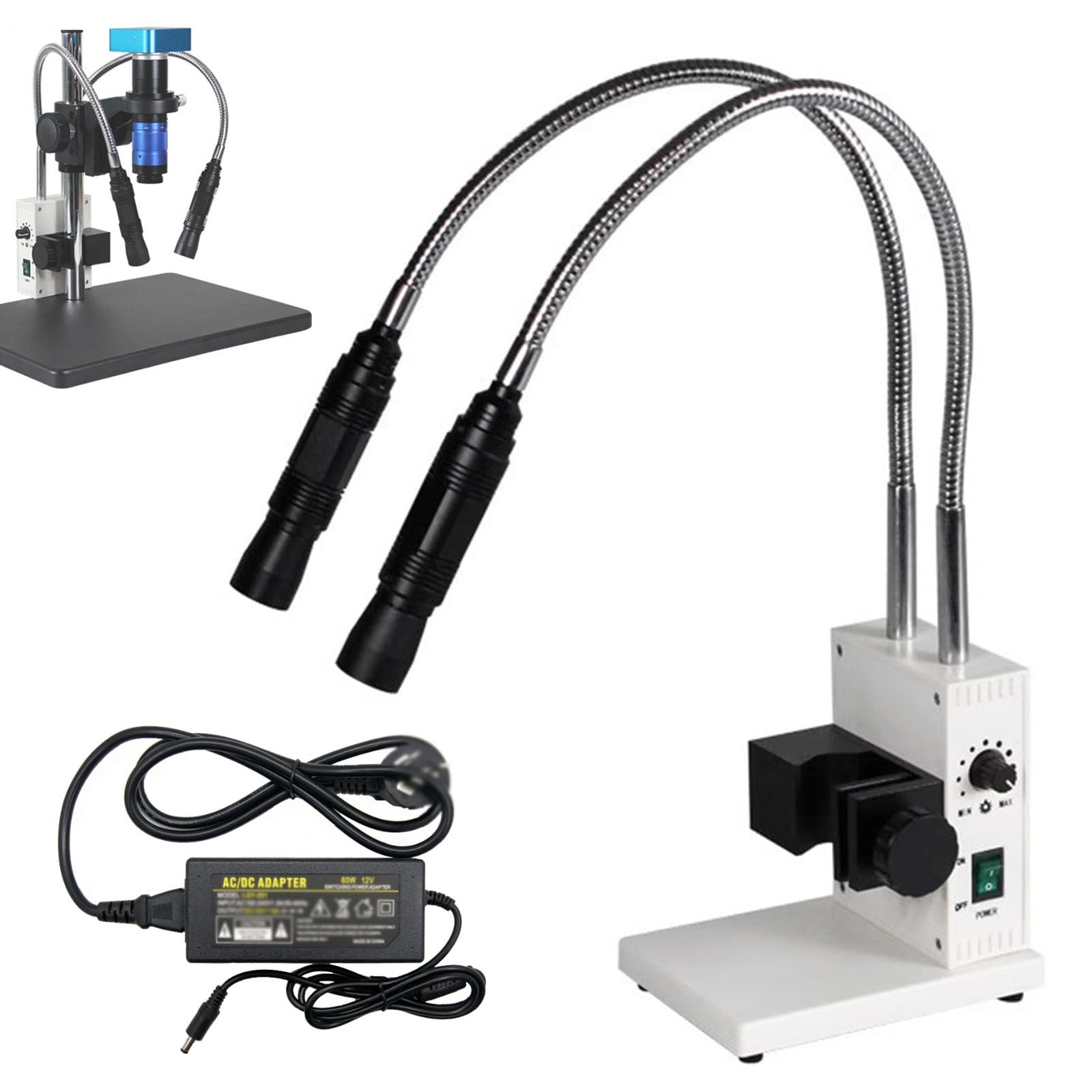 Iluminador de fibra óptica para microscopio, lámpara LED de doble cuello de cisne para microscopio industrial con ángulo y brillo ajustables, fuente de luz LED puntual de 6000 K