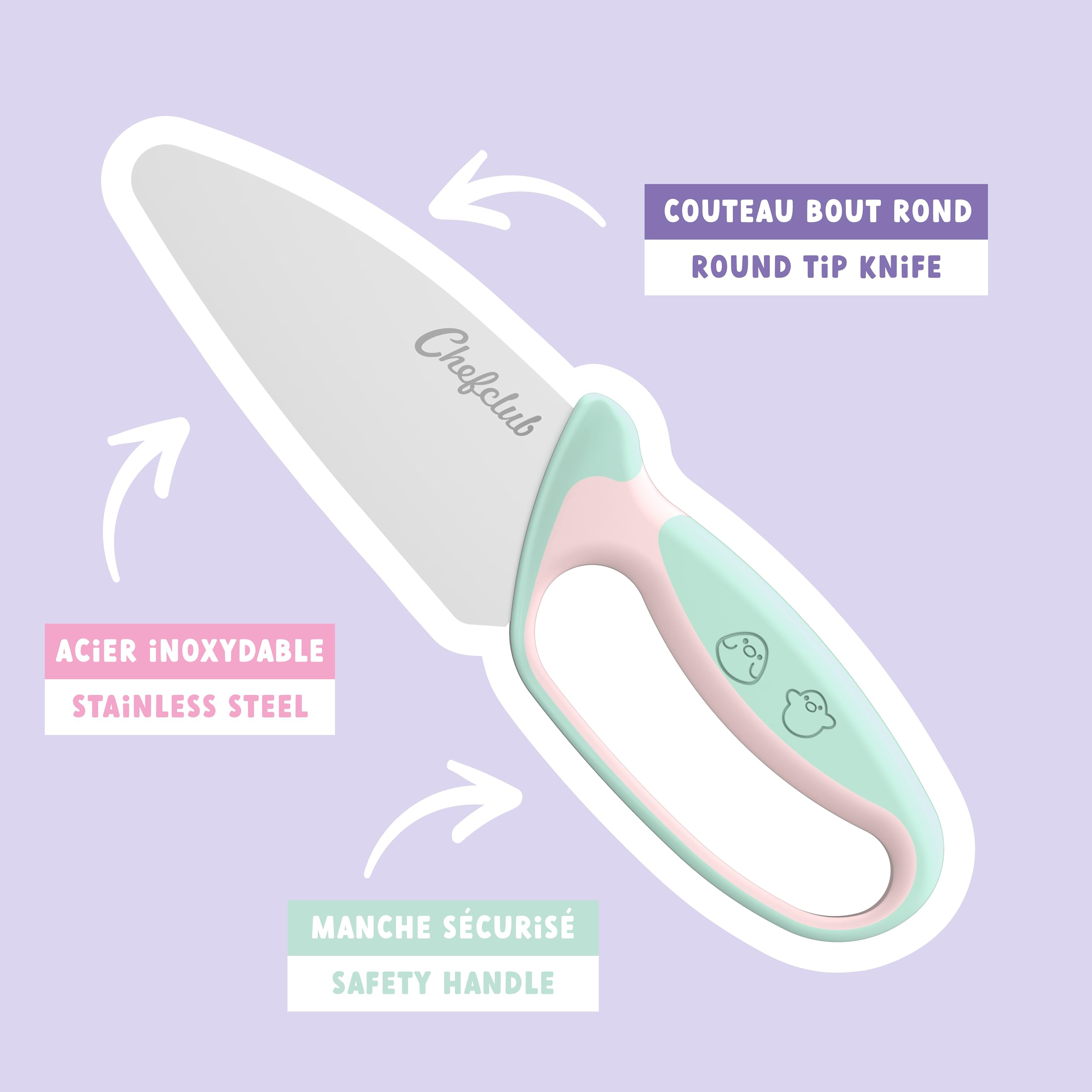 CHEFCLUB KIDS - Kit de cuchillos de cocina para niños - Hoja de acero inoxidable - Protector de dedos y hoja - Utensilio seguro y ergonómico - Rosa y verde pastel - Ideal a partir de 7 años