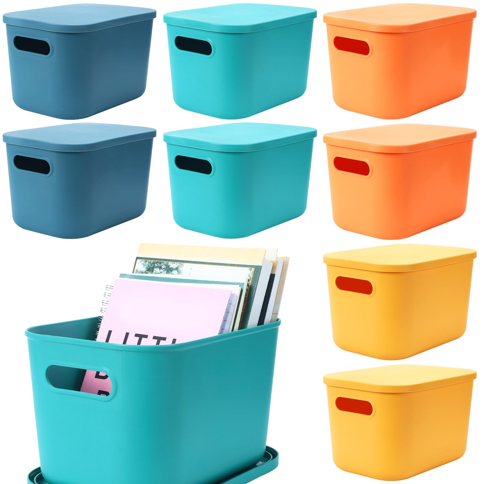Hoolerry 8 Pieces Colorful Storage Bins with Lid, Plastic Storage Basket Organizing Container Stackable Box with Handle for Shelves Desktop Playroom Office(10.2 x 7 x 6.3 Inch,Multi-colored)