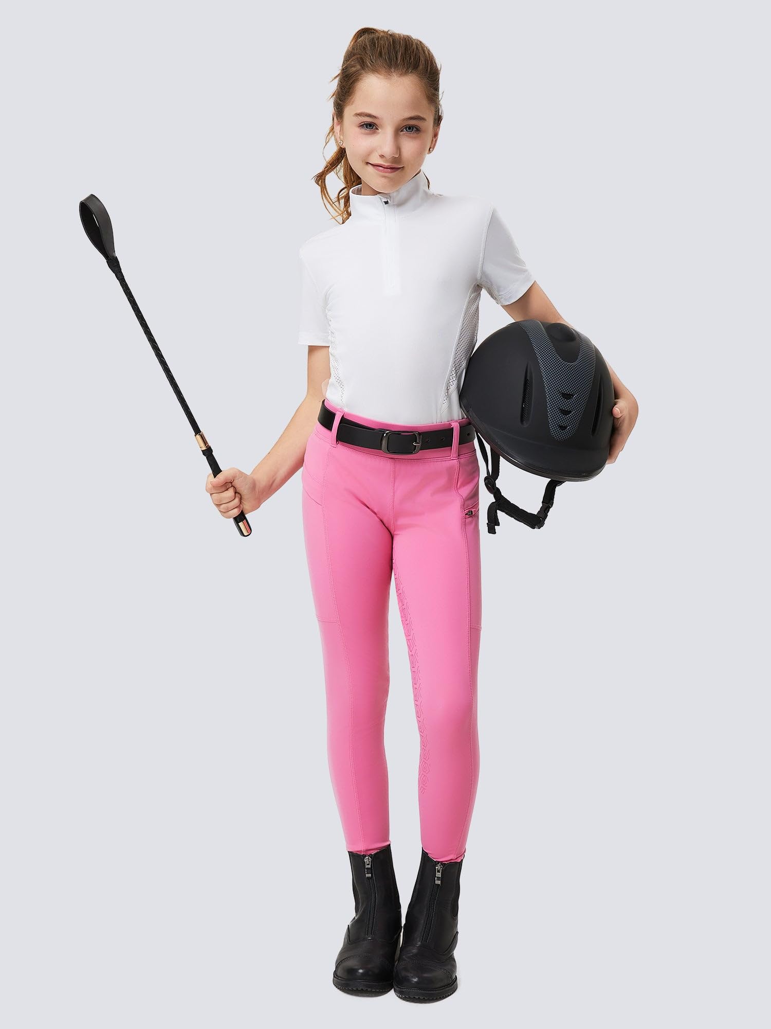 FitsT4 Sports Pantalon d'équitation pour enfant fille - Pantalon d'équitation en silicone - Avec 2 poches latérales et passants de ceinture