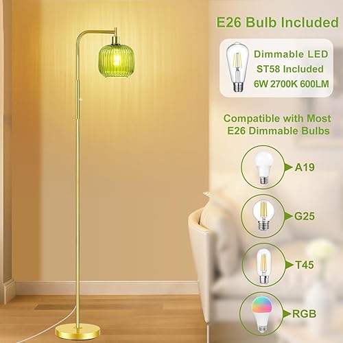 Miniatura 4 de Moderna lámpara de pie de cristal para sala de estar, lámpara de pie regulable de mediados de siglo con pantalla de vidrio acanalado verde, lámparas