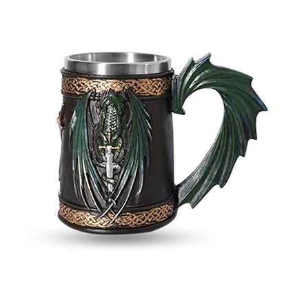 Medieval Viking Beer Mug, Resin Renaissance Dragon Beer Stein Viking Coffee Mugs, Stainless Steel Tankard Mug, 17oz 500ML Cup Mug, for Decor Party Decoration Viking Gift