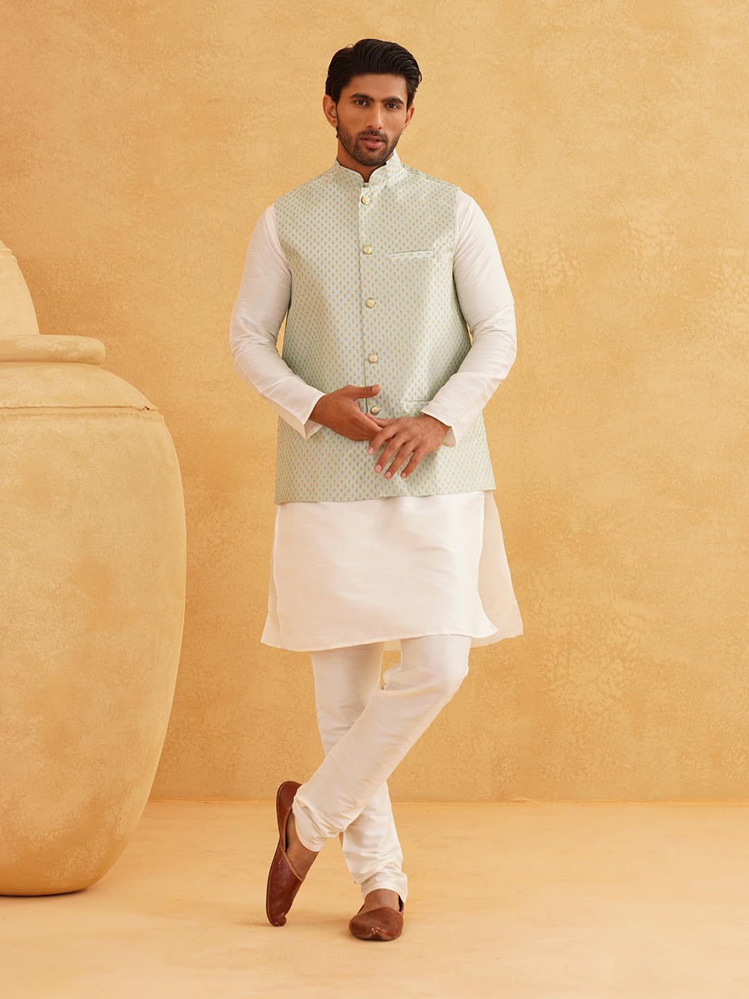 Sojanya (Since 1958 Men's Silk Blend Cream Kurta Pyjama & Sea Green Self Design Nehru Jacket Combo