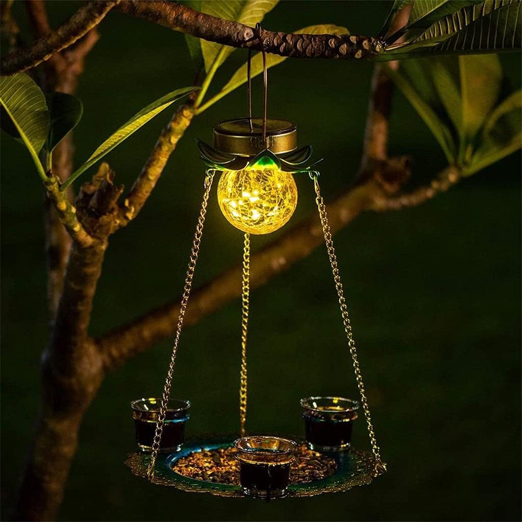 Design Solar Bird Feeder Hanging Solar LED Bird Feeder Outdoor Bird Feeders Lights Metal Tray Waterproof for Yard Decor