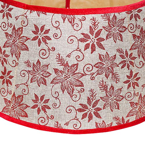 New Traditions - Burlap Stand Band Christmas Tree Collar with Glitter Poinsettias - Tan/Red - Thumbnail 4