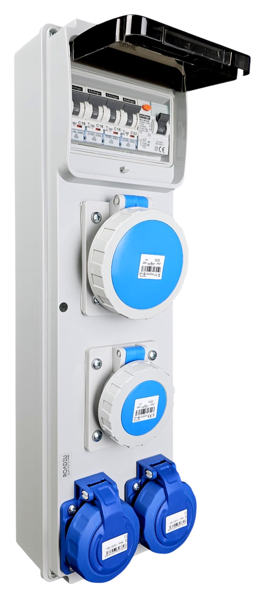RoadEu Cuadro eléctrico 230V IP65 con diferencial 40A 30mA y magnetotérmicos | 1 toma CEE 32A, 1 CEE 16A y 2 Schuko | precableado para obra, taller y exterior