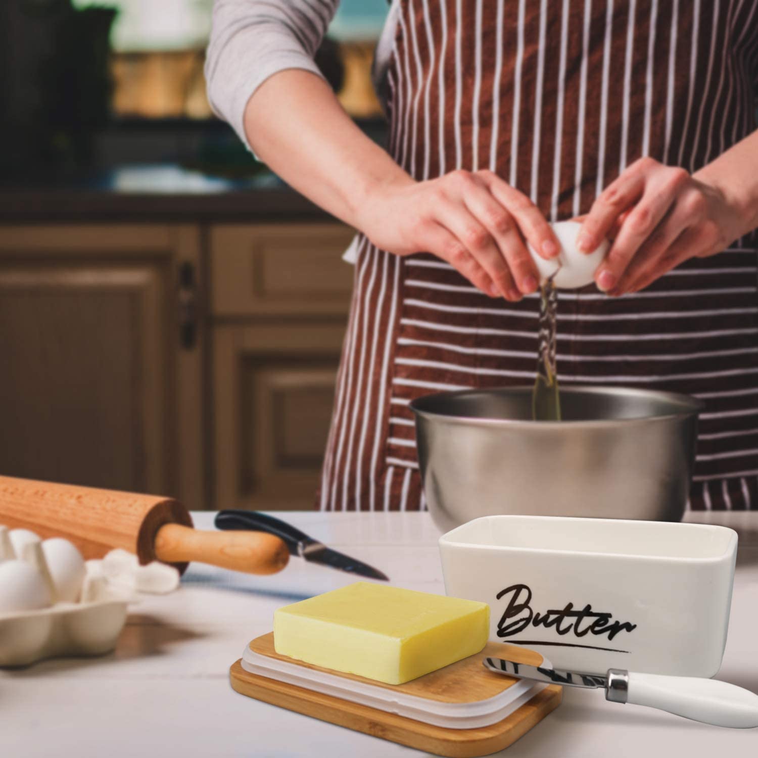 Catron CT-01 Ceramic Butter Dish with Lid for Countertop,Large Butter Keeper with Knife,Porcelain Covered Butter Holder and Container,Perfect for East West Coast Butter 1