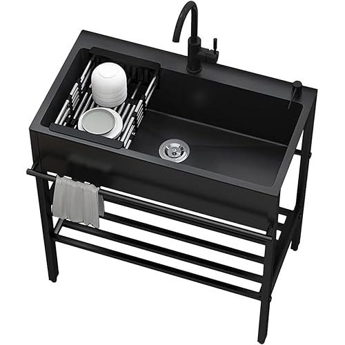 Stainless Steel Sink Free Standing Sink Commercial Outdoor Kitchen Sink Black, Single Bowl Compartment Workbench Sink Commercial Sink with Faucet, for Indoor Garage Laundry Utility Room (One Colo