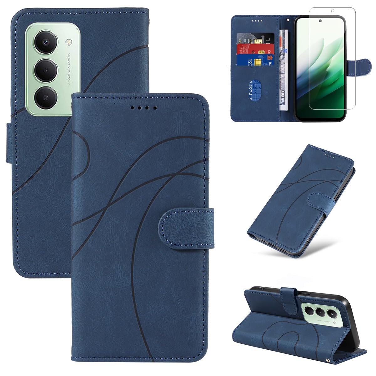Cover Compatibile con Xiaomi Redmi 15 4G / 5G EU Versione (Non per Global Versione) con 1 Pezzo Vetro Temperato Pellicola Protettiva, Pelle PU e Flip Custodia, Supporto Caso (Blu)