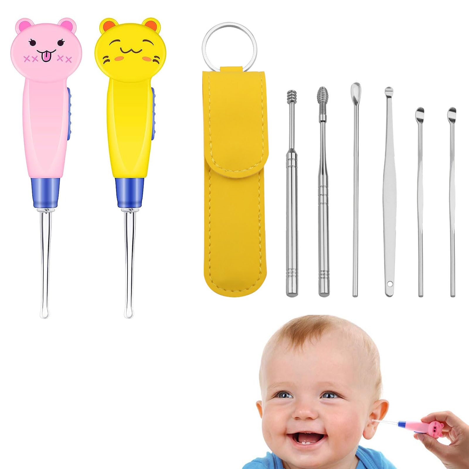 Cuillère de Nettoyant Oreille Lumineux, Ear Curette LED, Curette Oreille Enfant, Cuillère de Nettoyage de Nettoyage avec Lumière Cuillère Creuser Outil de Soins de L'oreille pour Enfant Adulte