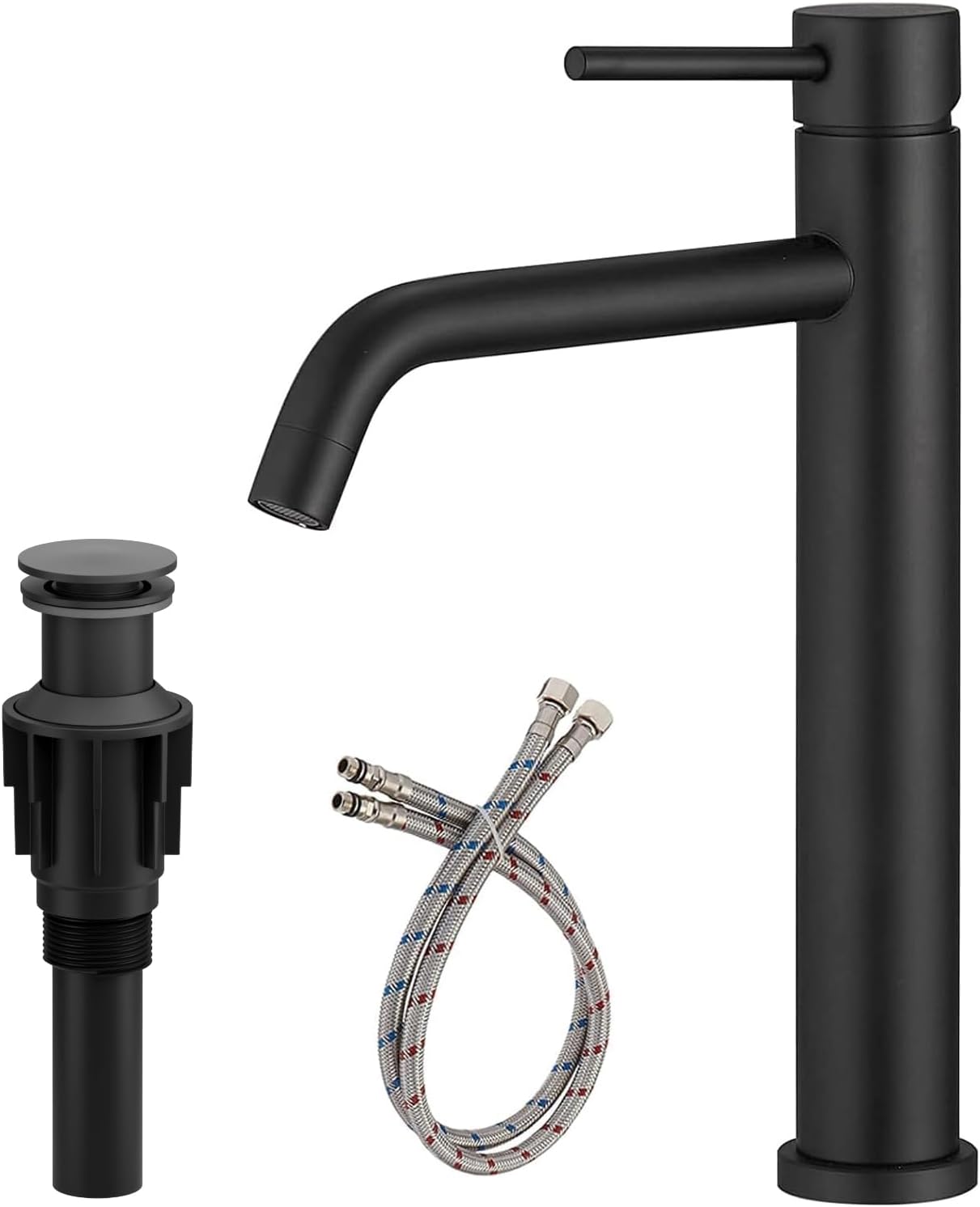 BWE Matte Black Vessel Sink Faucet Single Handle with Pop Up Drain Assembly and Supply Lines Stainless Steel Single Hole Bathroom Sink Faucet Commercial Basin Lavatory Vanity Sink Faucet Mixer Tap