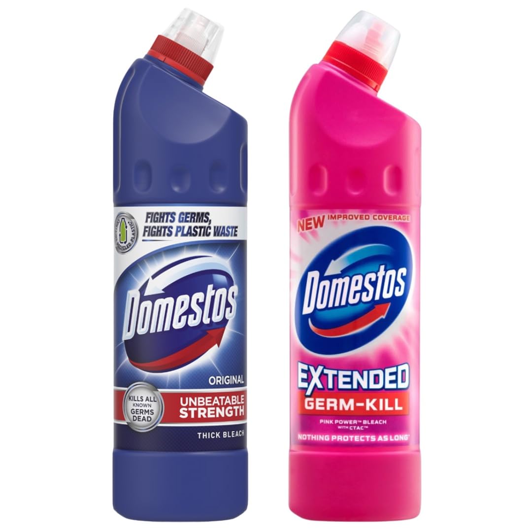 Domestos Thick Bleach Original Blue & Pink Set - 750 ml Each for Powerful Bathroom and Toilet Cleaning