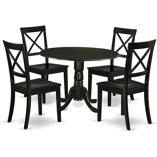 East West Furniture DLBO5-BLK-W 5 Piece Dinette Set for 4 Includes a Round Dining Room Table with Dropleaf and 4 Kitchen Dining Chairs, 42x42 Inch, Black