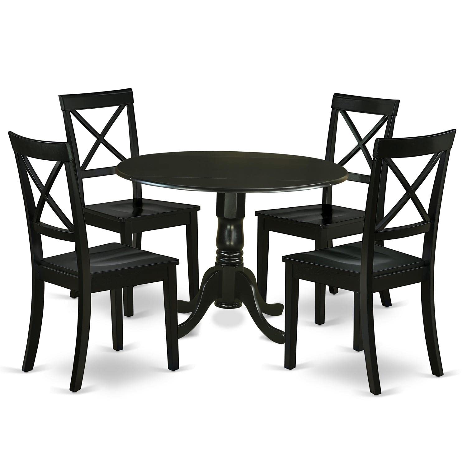 East West Furniture 5Pc Rounded 42" Table With Two 9-Inch Drop Leaves And Four Wood Seat Dining Chairs, 5, Black