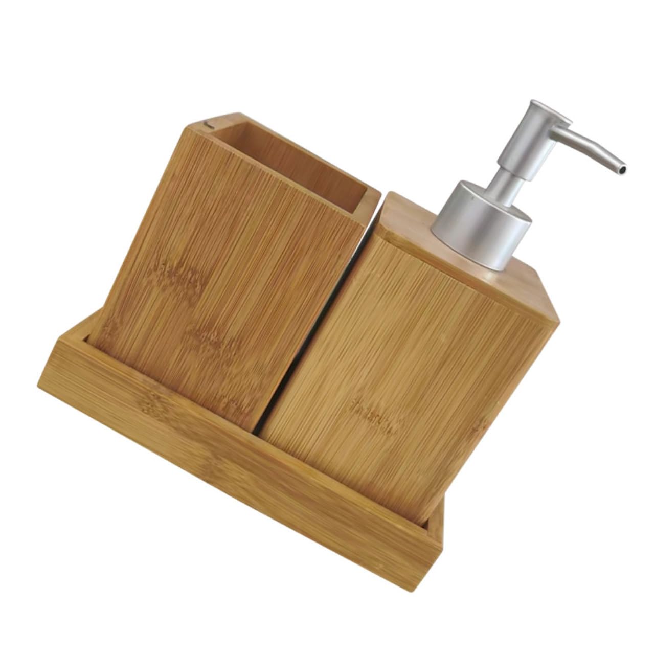 GLEAVI Set Di Accessori Per Bagno in Bambù, Dispenser Di Sapone Per Mani e Porta Spazzolino Da Denti Base, Contenitori Multiuso Per Uso Domestico Bagno e Lavabo