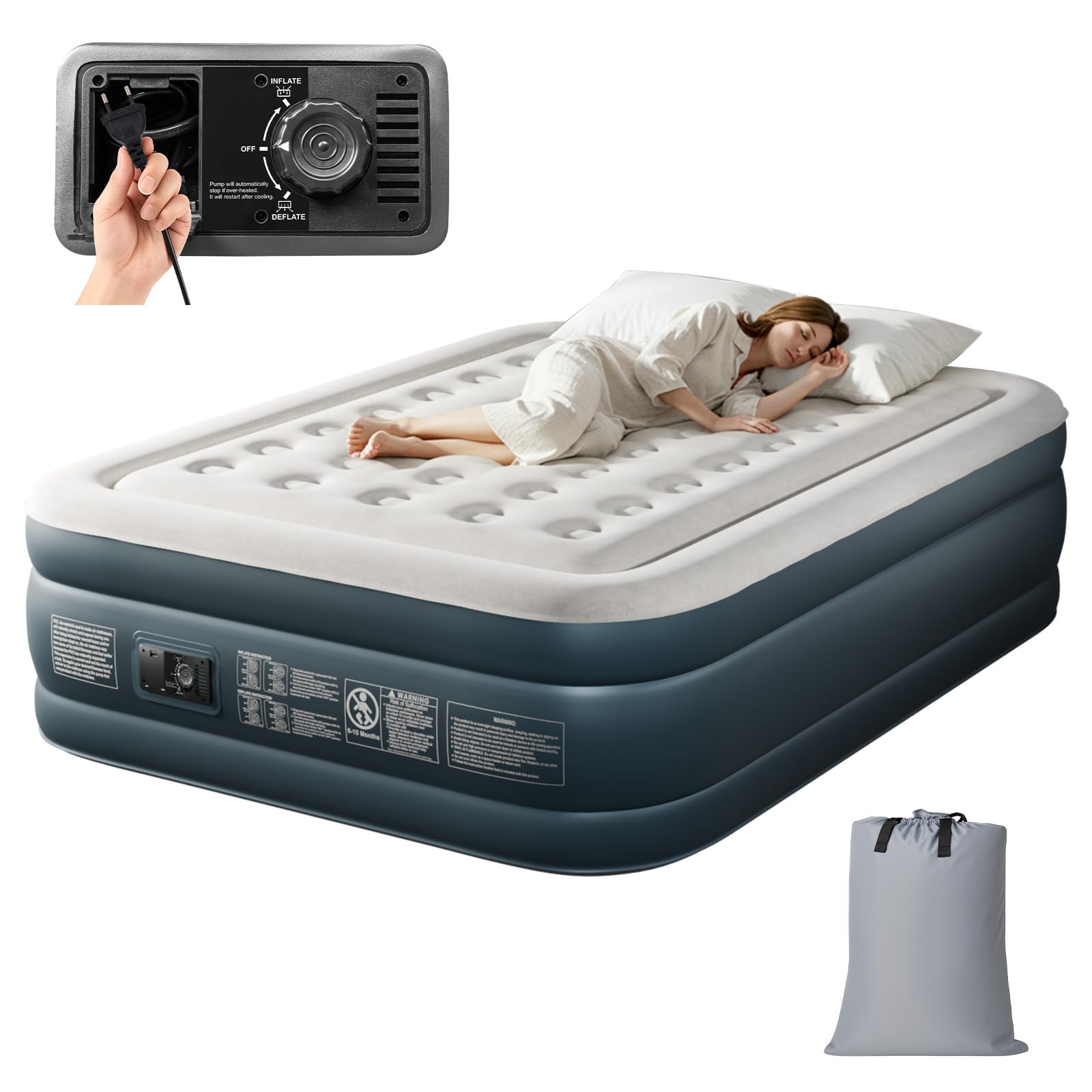 Bonnlo Matelas de Camping Pliable avec Pompe électrique, Matelas Gonflable Autogonflant avec Surface en Velours, pour 2 Personnes (Gris-Blanc et Gris Foncé, 203 x 152 x 45 cm)