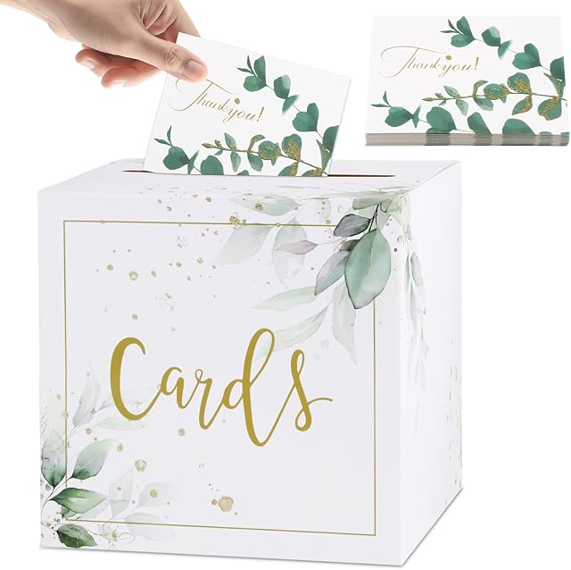 Wedding Card Box Set, Elegant White Kraft Wedding Card Post Box with 30Pcs Thank You Cards Wedding Guest Box for Reception
