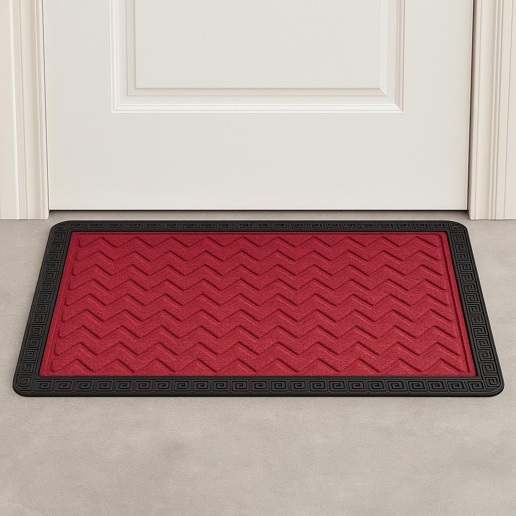 amazelo cart Door Mats for Home (60 x 40 cm), Premium Rubber Bathroom Mat, Anti Skid Mat for Bathroom Floor, Waterproof Doormat Back Dirt Trapper [Color Red, Design Wave]