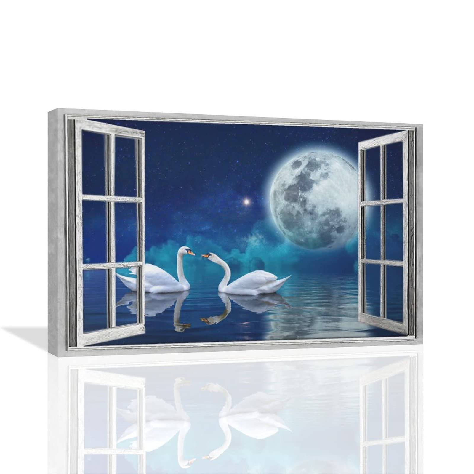 Romantic Swan Wall Art Swan Pictures Wall Decor Couple Swan Canvas Painting Print 3D Window View